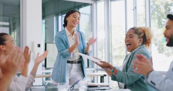 Woman leader, celebration and certificate reward for achievement with gratitude and thank you. Diversity women applause in business meeting for target, congratulations or winning promotion mockup. - 映像、動画