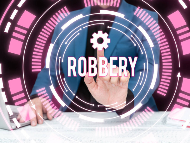 Text caption presenting Robbery, Word for the action of taking property unlawfully from a person or place by force or threat of force - Foto, afbeelding