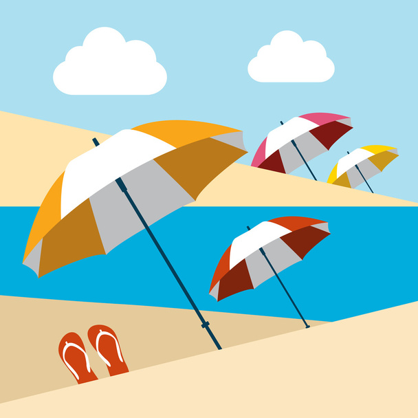 Summer beach with umbrellas. Flat design. - Vettoriali, immagini
