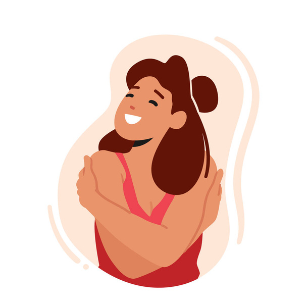 Woman Hugging Herself Feel Inner Comfort Found Within herself, Demonstrate That she Does Not Need Anyone Else To Feel Safe And Secure. Girl Self Embrace, Love, Care. Cartoon People Vector Illustration - Vettoriali, immagini