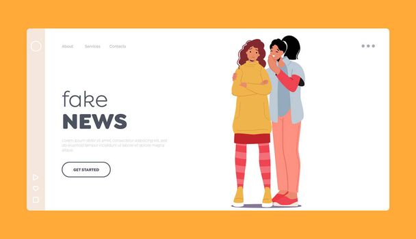 Fake News Landing Page Template. Two Women Characters Huddled Close, Whispering Secrets To Each Other, Share Confidential Conversation. Female Gossips Concept. Cartoon People Vector Illustration - Vektor, Bild