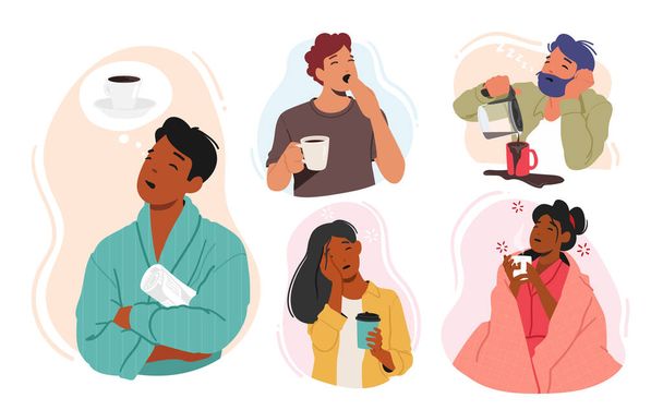 Set of Tired Sleepy People Needing Coffee. Drowsy Male Female Characters In Need Of A Caffeine Fix or Energy Drinks. Struggle To Be Awake And Alert for Work Productivity. Cartoon Vector Illustration - Vector, Image