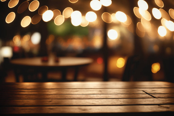 Empty wood table for product display in blur background of admirable restaurant at night - Fotó, kép