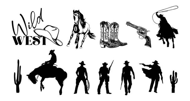 Wild west elements - cowboys, boots, hat, gun, horse, cactus silhouettes. Line art black and white monochrome Vector illustrations isolated on white background. - Vector, imagen