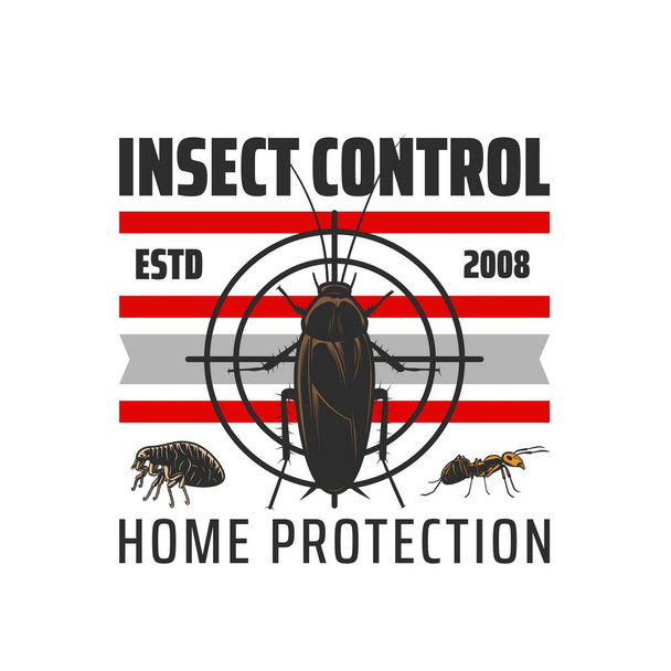 Insect control icon, extermination and pest control disinsection service, vector emblem. Home disinfection and protection against cockroach, flea ticks and ants, pest control sanitary insecticide - Vector, Image