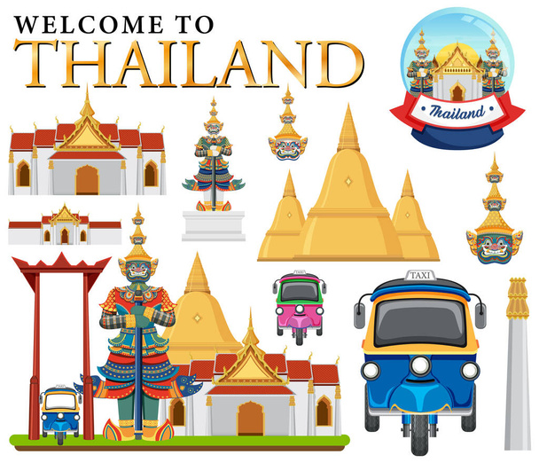 Set of elements about thailand tourist attraction illustration - Vector, Imagen
