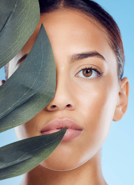 Leaf, skincare and portrait of a woman in a studio with a beauty, natural and facial treatment. Health, wellness and female model from Brazil with a plant for organic face routine by blue background - Photo, image