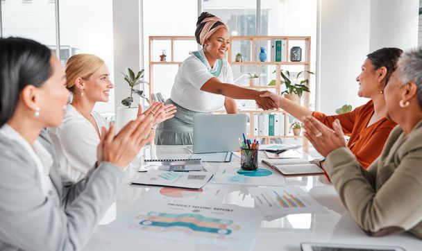Handshake, applause and women business meeting success from b2b partnership and deal. Contract agreement, thank you and shaking hands of female office team with diversity and leadership growth. - Foto, Imagen