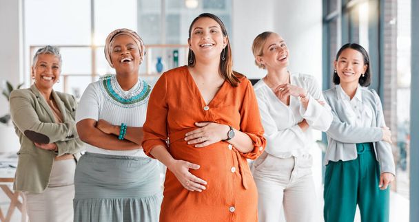 Arms crossed, leadership and portrait of a pregnant woman with a team for diversity in the workplace. Collaboration, happy and women with pride and trust for teamwork and a manager during pregnancy. - Photo, Image
