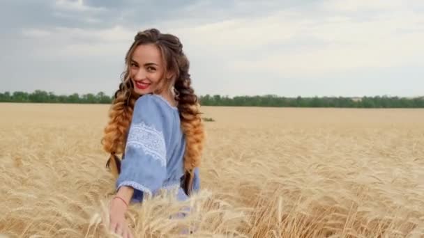 伝統的なウクライナの服で美しい笑顔の若い女性は、黄金の小麦畑を通って実行されます,周りに回転します,日没で夏の自然の中で屋外レクリエーションを楽しみます,自由と屈託のない気分. - 映像、動画