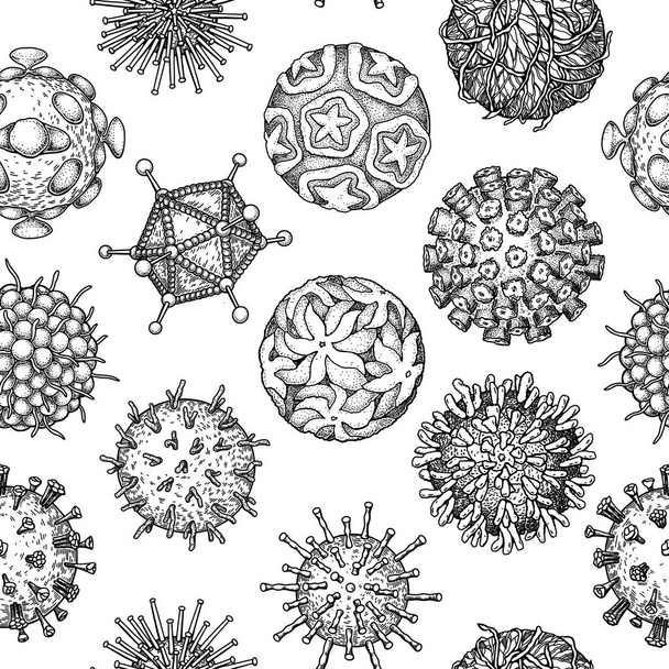 Viruses seamless patten. Scientific hand drawn vector illustration in sketch style. Microscopic microorganisms - Vektör, Görsel