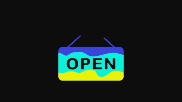 Gele opknoping bord met tekst Open deur pictogram geïsoleerd op zwarte achtergrond. 4K Video motion grafische animatie. - Video