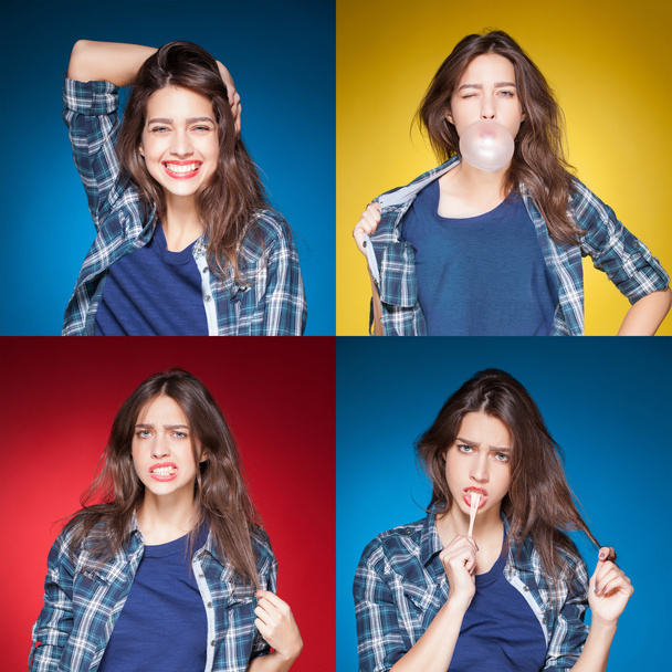 Beauty collage, young beautiful girl posing grimacing with chewing gum - Foto, Bild