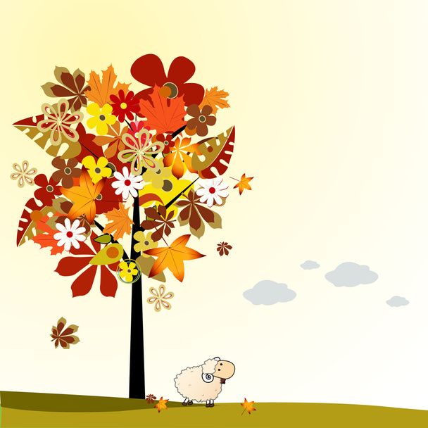 Autumn background with tree and sheep - Photo, Image