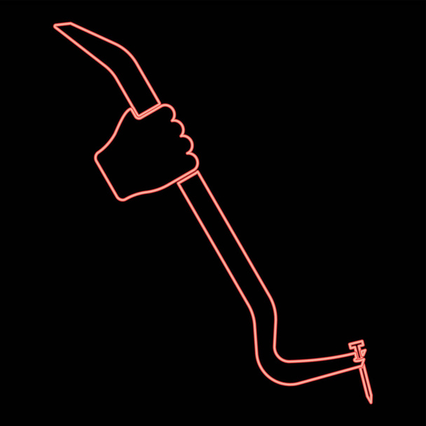 Neon crowbar tool in hand remove nail holder pulls red color vector illustration image flat style light - Vettoriali, immagini