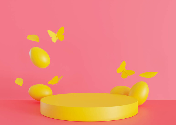 Yellow podium with Easter eggs and copy space. Trendy, vivid stage for product, cosmetic presentation. Easter mock up. Pedestal, platform for beauty products. Empty scene. Display, showcase. 3D render - Fotografie, Obrázek