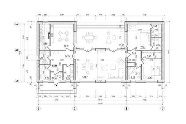 Αρχιτεκτονικό σχέδιο μονοώροφης έπαυλης με μεγάλη βεράντα. Η διαρρύθμιση μιας μονοκατοικίας με δύο υπνοδωμάτια, κουζίνα, σαλόνι, δύο μπάνια, αποδυτήρια, αποθήκες και βοηθητικούς χώρους. - Διάνυσμα, εικόνα