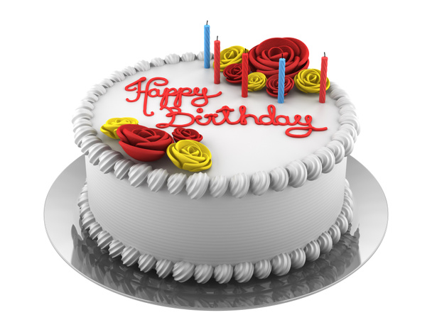 Round birthday cake with candles isolated on white background - Photo, Image