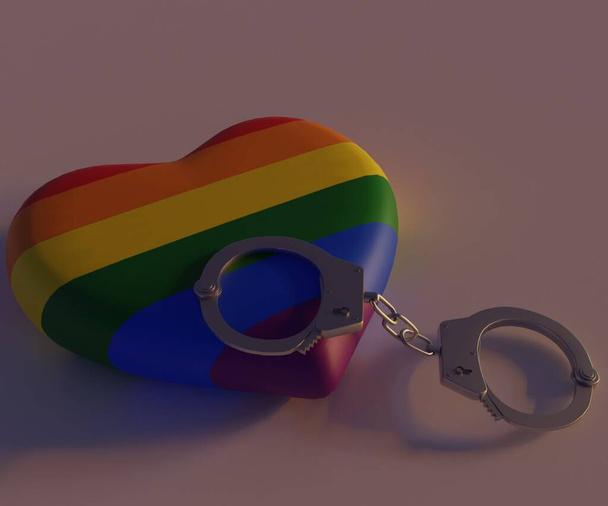 Rainbow gay pride flag in heart shape with handcuffs 3d rendering - Foto, Imagen