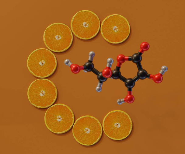 Аскорбиновая кислота или молекула витамина С с нарезанной половинкой апельсинового фрукта 3d рендеринг - Фото, изображение