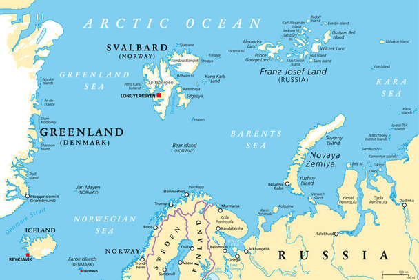 ヨーロッパ大陸の北の北極海地域、政治地図。グリーンランド東部からスヴァールバル諸島からフランツ・ヨゼフ・ランドまで、アイスランド、ノルウェー、スウェーデン、フィンランド、ロシアの一部で. - ベクター画像