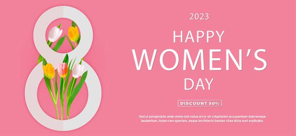 Plantilla de diseño de la tarjeta de felicitación del Día Internacional de la Mujer. 8 de marzo concepto. Feliz Día de la Mujer 8 texto de marzo. Ilustración vectorial - Vector, Imagen