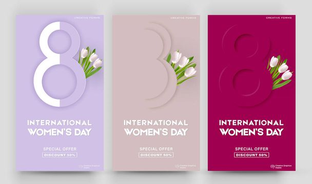 Banner del Día Internacional de la Mujer. 8 de marzo. Set de plantillas de post editables para venta de banners, presentación, invitación, historias, streaming. - Vector, imagen