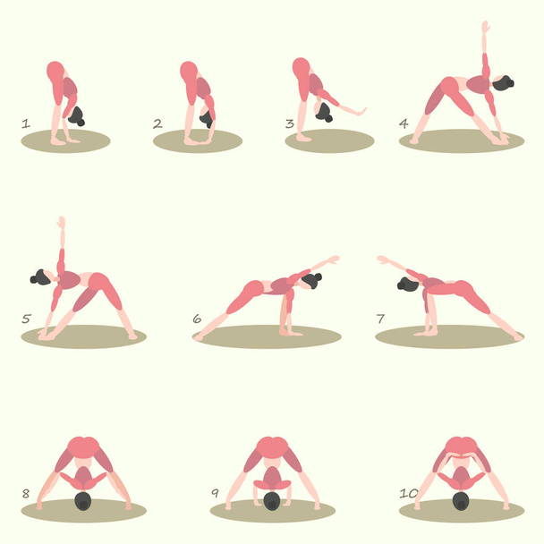 Un ensemble de dix poses de yoga différentes, un complexe d'exercices complet avec des courbes et des étirements du dos. Femme en costume rose, caractère minimaliste. Illustration vectorielle - Vecteur, image