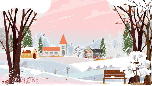 Зимние пейзажи городской парк с котом спит на скамейке в саду, милый день Рождества в деревне, векторный горизонт фоновый фон мультфильма Зимняя страна чудес с горой, облако и розовое небо фон - Вектор,изображение