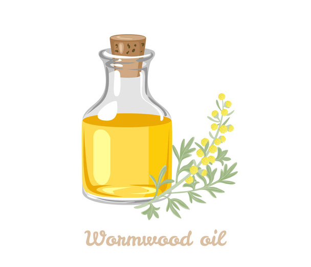 Ätherisches Öl aus Wermut in Glasflasche und Pflanze isoliert auf weißem Hintergrund. Vektor Cartoon flache Illustration. - Vektor, Bild