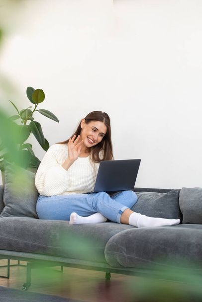 A young woman looks at a laptop monitor and smiles, sitting on the sofa in her living room surrounded by house plants. - 写真・画像