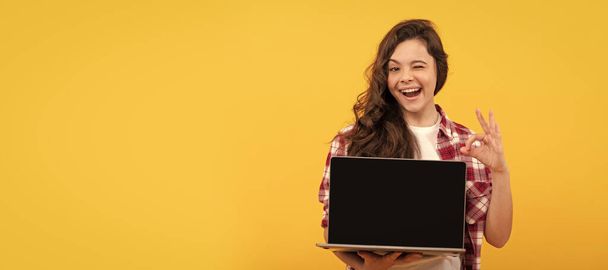 счастливый умный ребенок, подаривший ноутбук в школе на онлайн-уроке, показывает жест доброй воли, онлайн-образование. - Фото, изображение