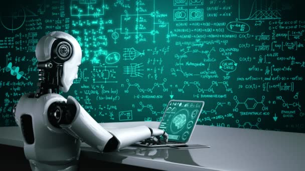 Robotti hominoid käyttää kannettavaa tietokonetta ja istua pöydässä tekniikan tieteen opiskeluun tekoälyn, tekoälyn ja koneoppimisen avulla 4. teollisessa vallankumouksessa. 3D-renderointi - Materiaali, video