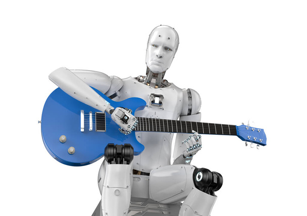Kompozytor muzyki Ai lub generator z 3D renderowania robota grać na gitarze - Zdjęcie, obraz