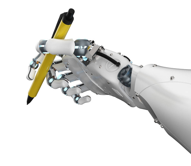 Ai art generaattori 3D renderöinti robotti kirjallisesti avustaja tai essee generaattori käsi pidä kynä - Valokuva, kuva