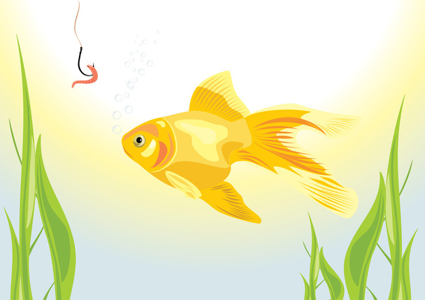 Goldfish and worm on a fish hook - Vector, afbeelding