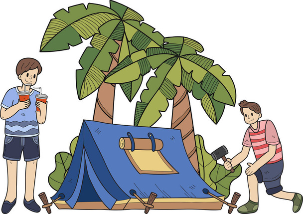 Grupo de turistas dibujado a mano está montando una tienda de campaña en el bosque ilustración en estilo doodle aislado en el fondo - Vector, imagen