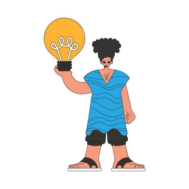 A handsome man holds a light bulb in his hands. Idea theme. - Vektor, obrázek