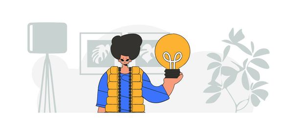 Un type élégant tient une ampoule. Illustration sur le thème de l'apparition d'une idée. - Vecteur, image