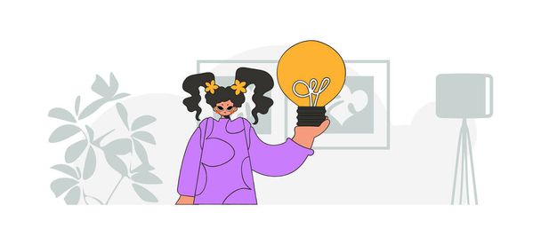 An elegant girl holds a light bulb in her hands. Idea theme. Retro trendy style. - Wektor, obraz