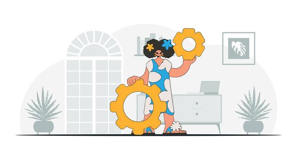 Fashionable woman holding gears in her hands. Idea concept. trendy character. - Vector, Image