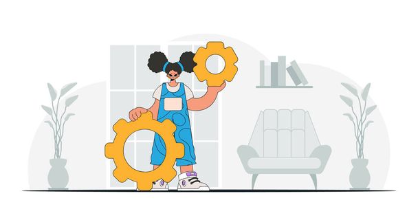 Fashionable girl is holding gears. Illustration on the theme of the appearance of an idea. - Vector, Image