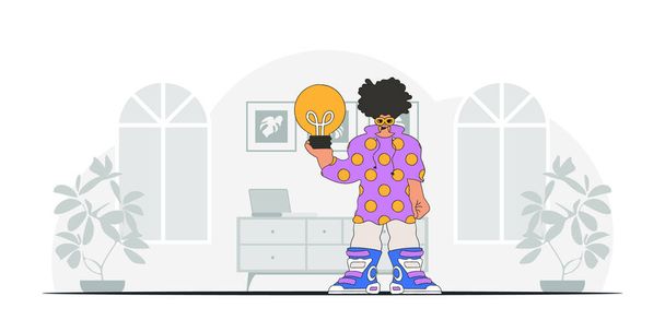 A fashionable guy holds a light bulb in his hands. Idea concept. trendy character. - Vector, Imagen