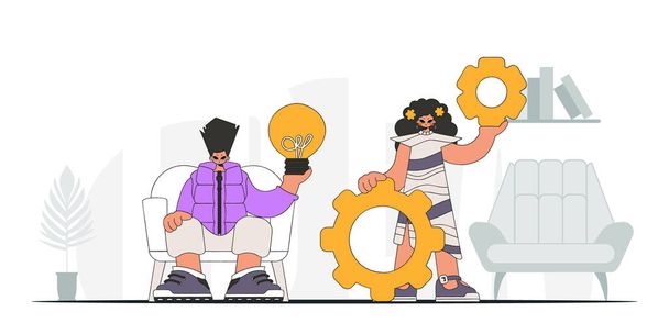 Attractive team solves problems and generates ideas. Light bulb and gears in their hands. Illustration on the theme of the appearance of an idea. - Vetor, Imagem