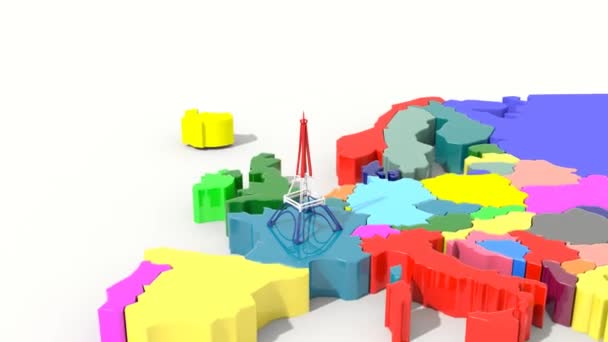Animáció 3D-s Térkép Európa az Eiffel torony színek, Franciaország - Felvétel, videó