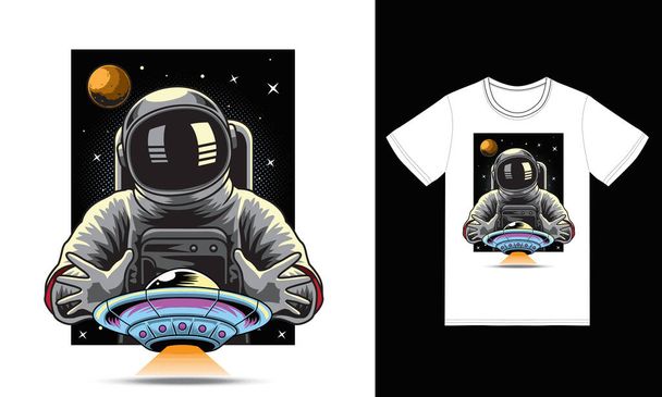 Astronaut catching ufo illustration with tshirt design premium vector - Vector, Image