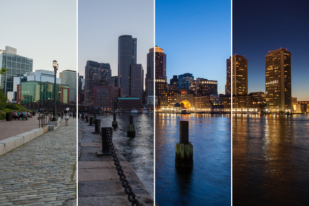 Montagem do horizonte dia-a-noite de Boston - Massachusetts - EUA - Unidade
 - Foto, Imagem
