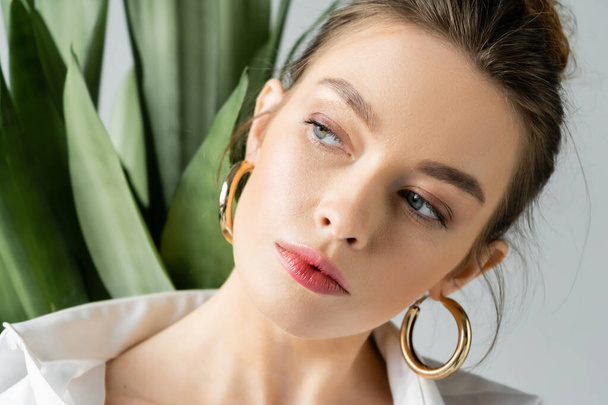 portrait of young woman with natural makeup and golden earrings looking away near blurred plant isolated on grey - Photo, Image