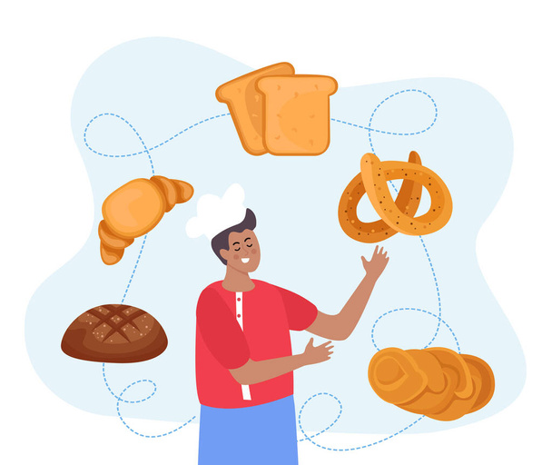 Baking bread and pastry concept with assortment symbols flat vector illustration - Wektor, obraz