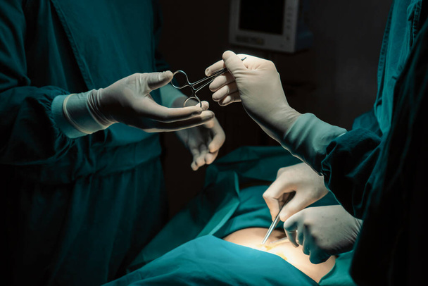 Image of surgical team perform surgery operation, nurse hand out sterile scissors to surgeon as supportive and cooperative in operation room concept. - Photo, Image
